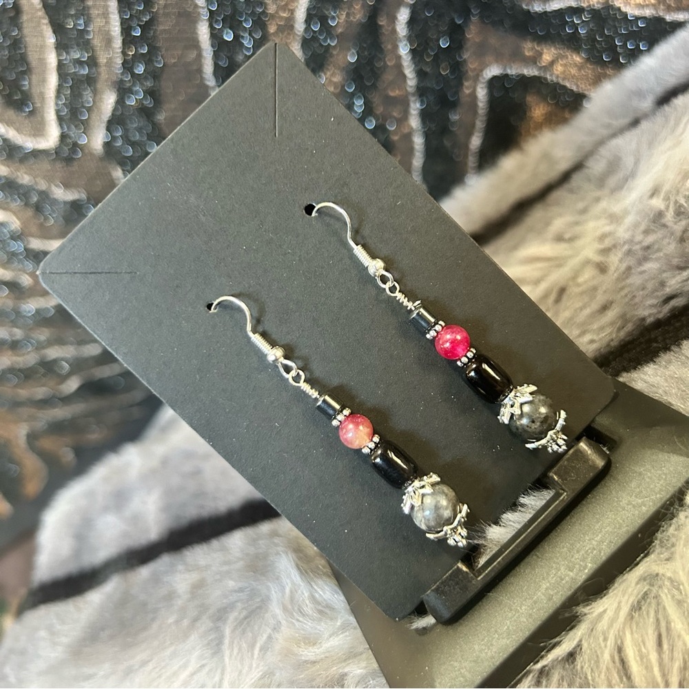 Handcrafted genuine larvikite elbaite cat eye glass barrel hematite earrings